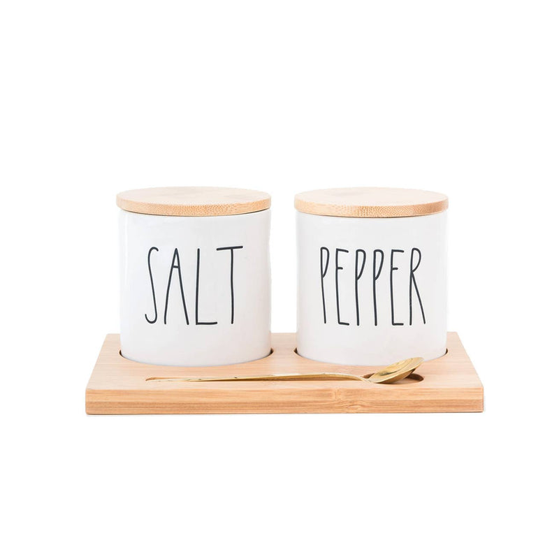 Magenta - Rae Dunn Artisan Salt+Pepper Cellars W/ Bamboo Tray & Spoon